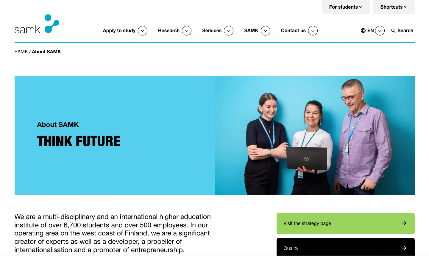 A preview of the Samk.fi website, with the words Looking to the future and a picture of three SAMK employees on the left.